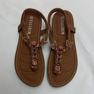Brown Sandals with Red Embellishments Women’s sz 7